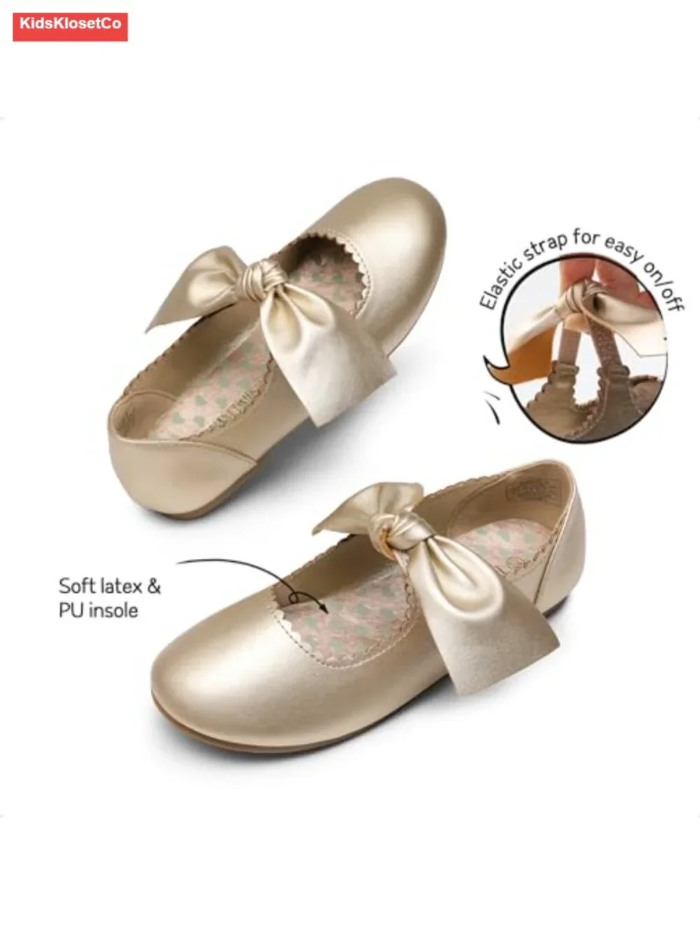 Girls Mary Jane Flat Ballerina Shoes with Bow and Elastic Strap